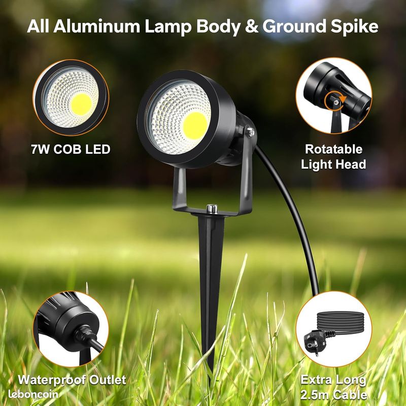 Spot LED Extérieur avec Piquet de Terre 7W 700LM, Mini Spot LED avec Alimentation Électrique, Luminaire Exterieur IP65, Projecteur de Jardin 3000K Applicable Terrasses, Plantes, Câble de 2,5M (image 4)