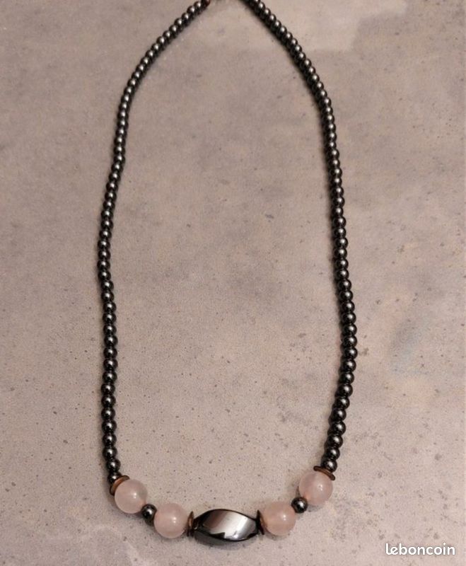 Collier en pierres naturelles – Hématite & Quartz rose (image 2)