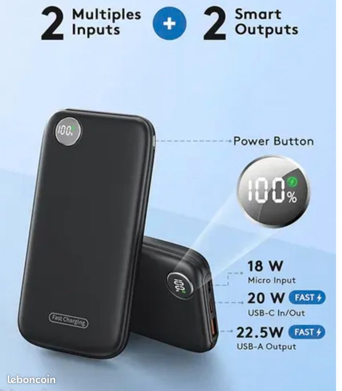 Nano Power Bank 10 000 Mah Powerbank Avec Câble Usb-C Intégré, Pd 30 W