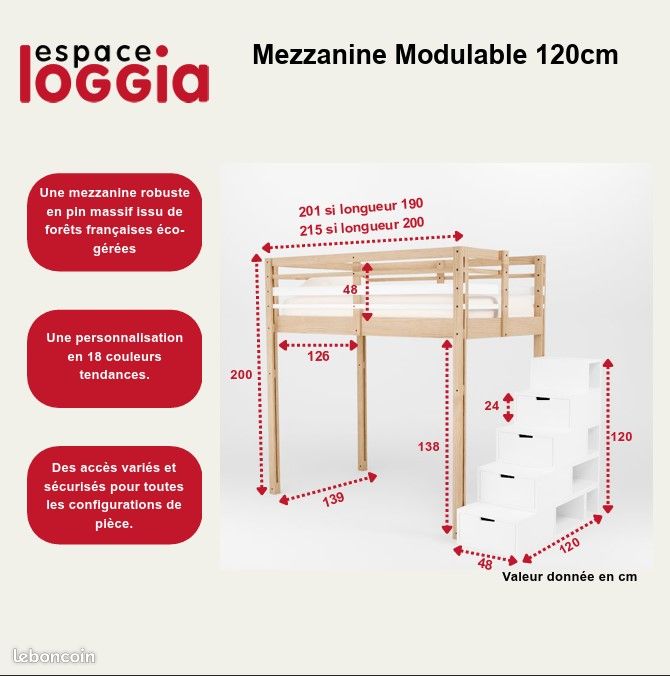 Lit Mezzanine Modulable accès escalier Espace Loggia (matelas 120 cm inclus) (image 11)