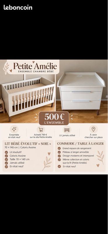 Ensemble chambre bébé Petite Amélie – Lit évolutif + commode à langer (image 1)