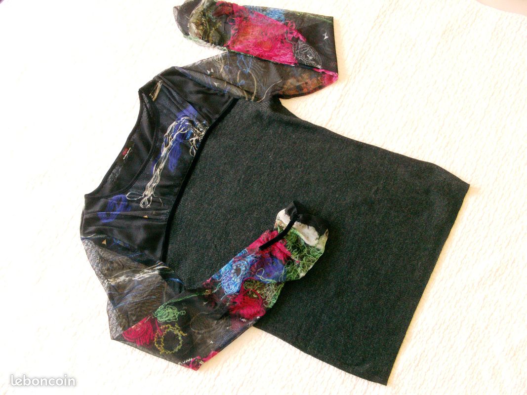 Pull CARLOPIK bi matière - Jersey anthracite (laine mélangée) + tissu imprimé transparent multicolore - T 40 / 42 - EXCELLENT ETAT (image 2)