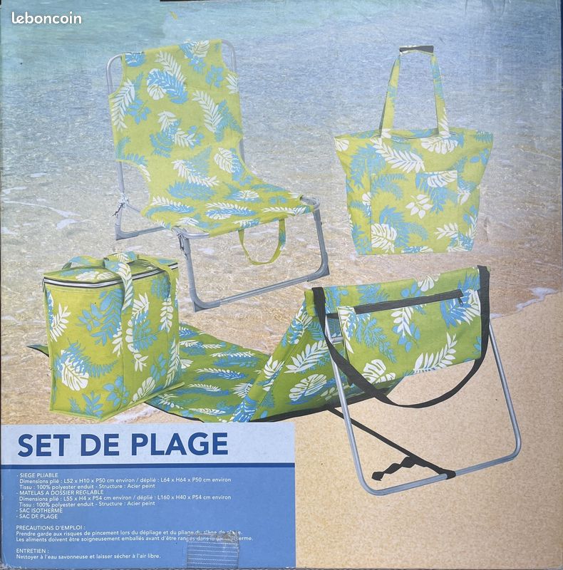 Set de Plage comprenant Siège pliable, Matelas de plage, Sac isotherme et sac de plage (image 1)
