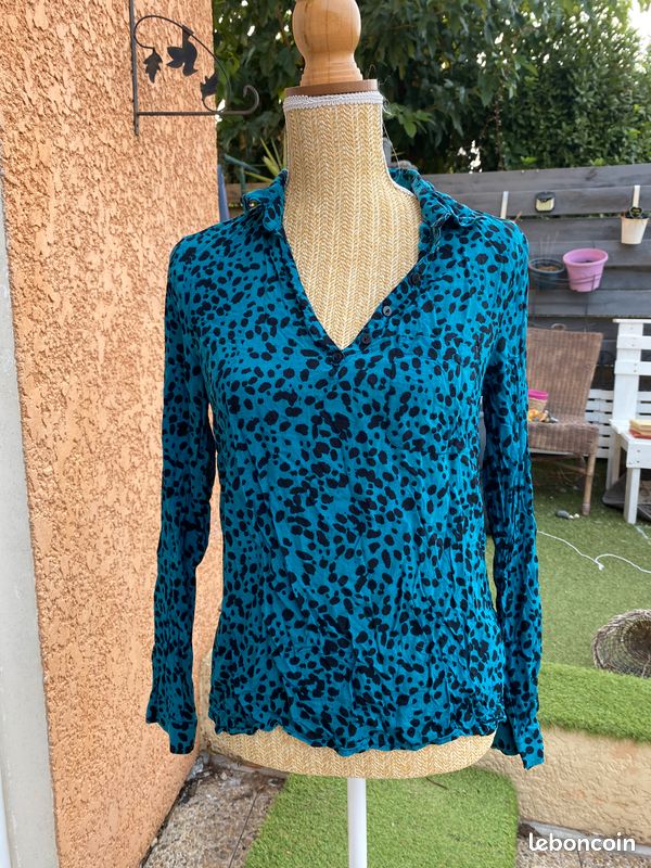 Haut tunique femme bleu canard imprimé léopard manches longues taille 40 (image 1)