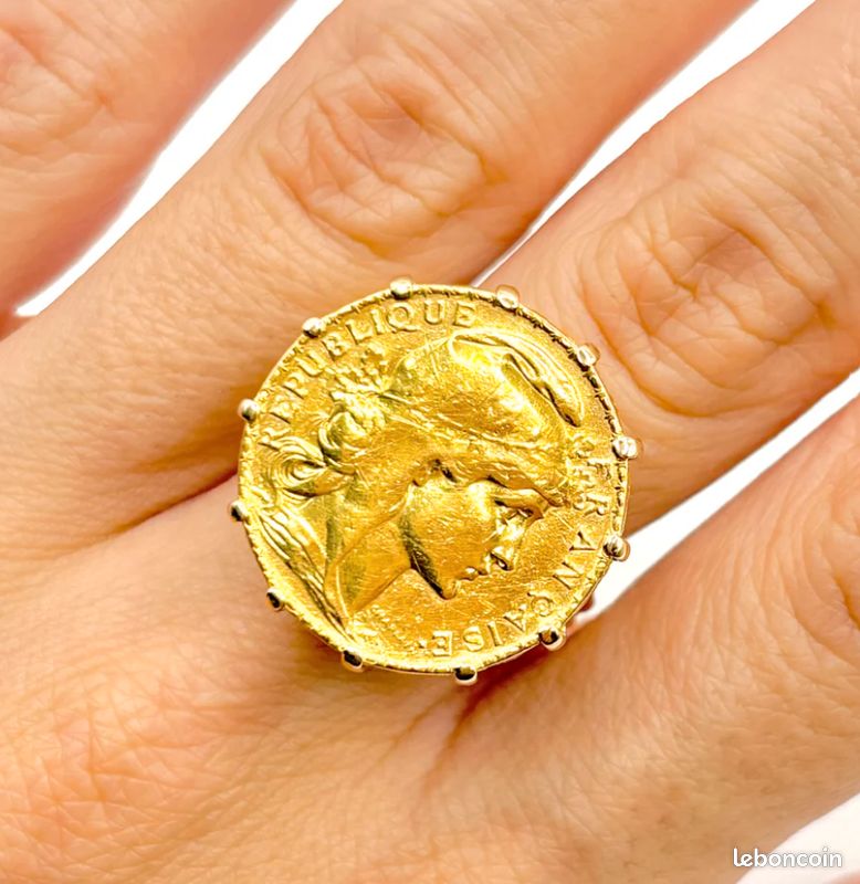 Bague Pièce Or Jaune 18 Carats Pièce Or 20 Marianne Coq