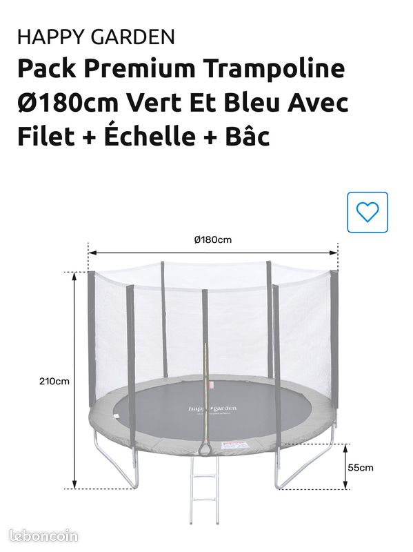 Trampoline 180 cm vert et bleu avec filet +échelle + Bac (image 2)