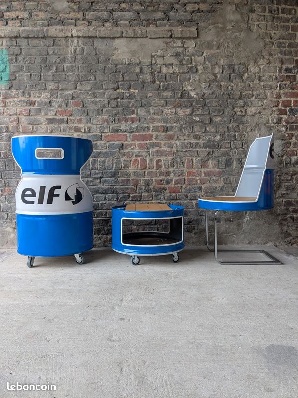 Siège / chaise fut métal elf bleu et blanc / look garage atelier / huile mécanique (image 5)