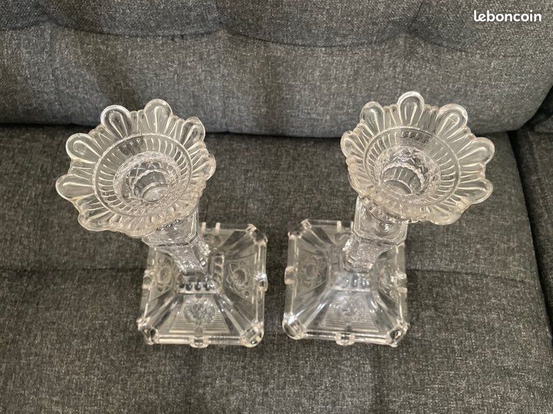 1 PAIRE DE BOUGEOIR en verre ciselé ( LE LION ET LA ROSE ) en parfait état (image 11)