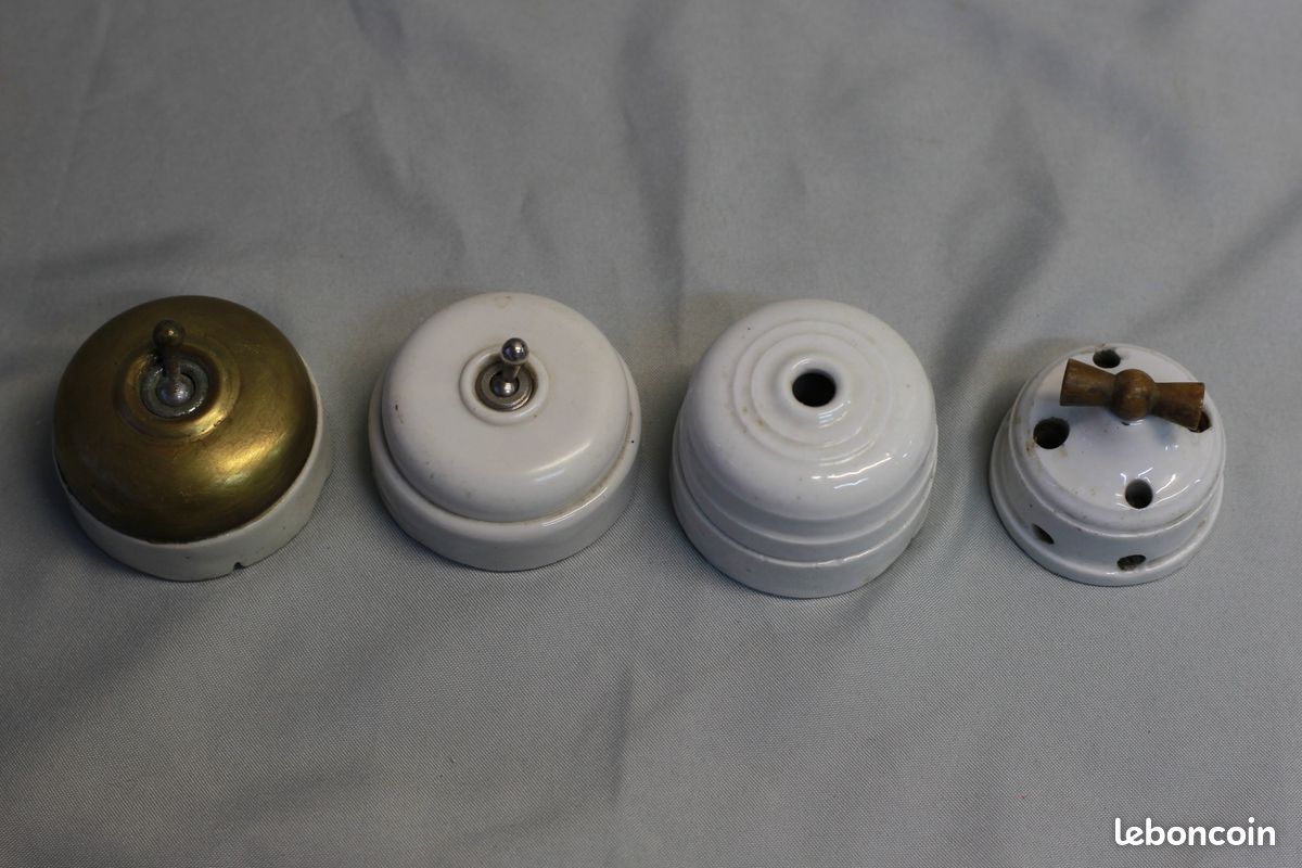 Lot De 4 Interrupteurs Anciens Ronds - Porcelaine Et Chrome - Goutte D'eau