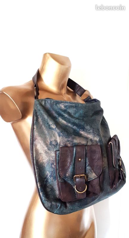 Sac NEUF en Jean bleu motif Doré & Simili Cuir Marron (image 5)