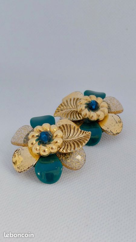 Lot De 4 Paires Boucles D'Oreilles Clips Vintage - Doré, Argenté, Turquoise, Rouge