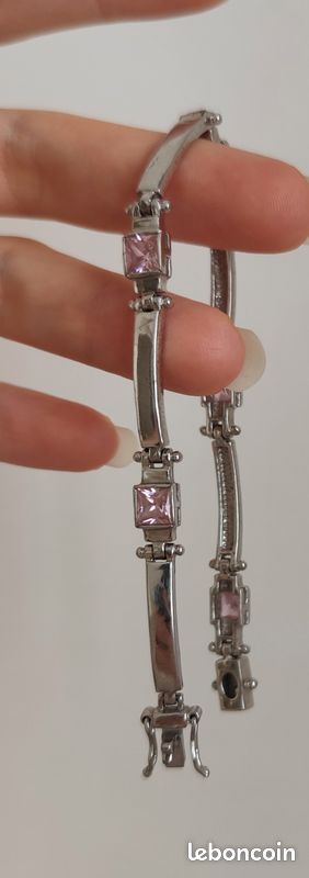 Bracelet en argent massif poinçonné 925 et zirconiums roses (image 2)