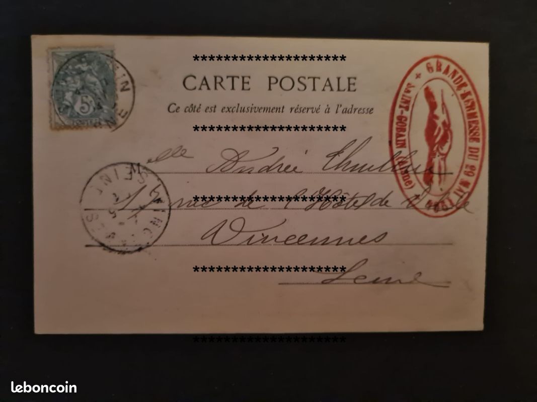 29 mai 1904 : saint gobain – cpa – cachet grande kermesse (image 1)