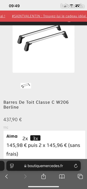 Barre De Toit MERCEDES CLASSE C 4 Portes 2021 AUJOURD'HUI DESIGN2 Montage Sur Points De Fixations