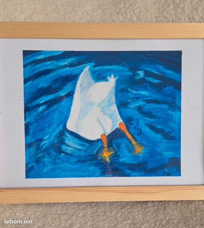 Dessin original aux pastels à l'huile - Illustration drôle d'un canard sous l'eau (image 1)