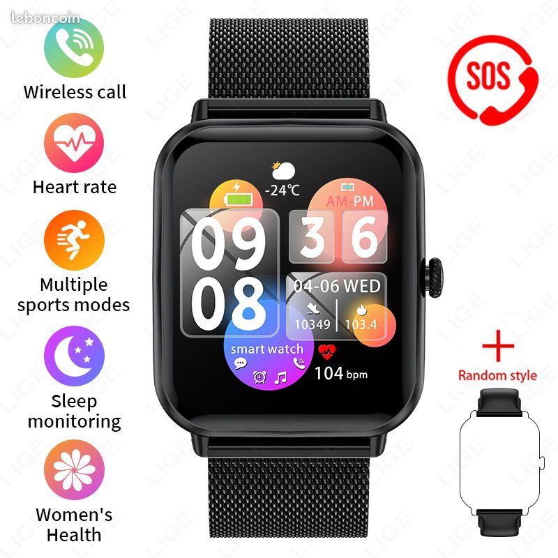 Montre connecté smart watch homme marque lige noire Téléphones