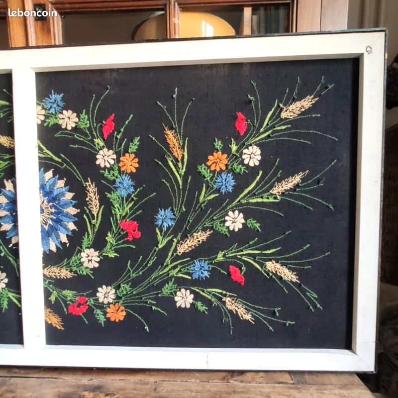Tenture Murale Vintage Norvège Suède, Laine Brodée Main, Motif Floral, Cloche