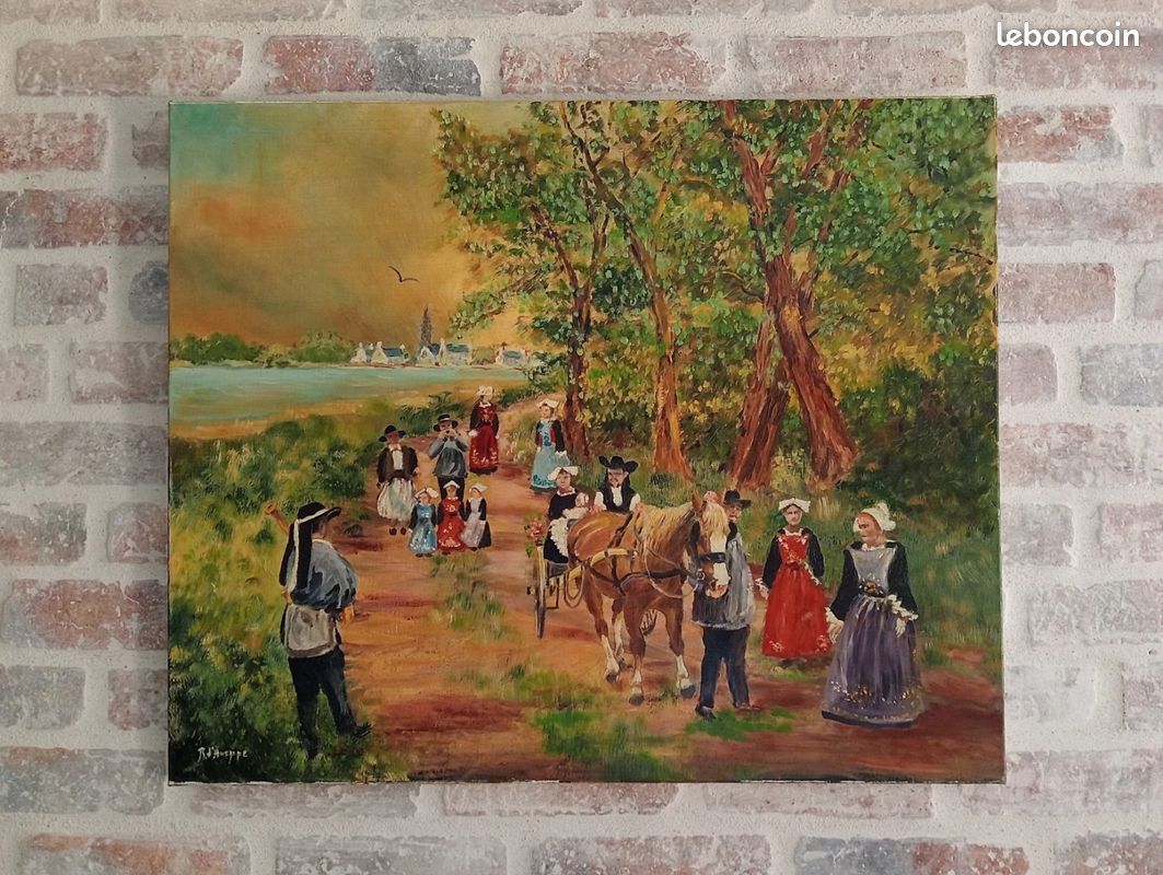 BIGOUDAINE Huile toile signé CRISTI tableau Bretagne Ancien vintage