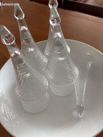 Dessous de verres et bouteille vintage 1960 corde fine orange, blanc bleu