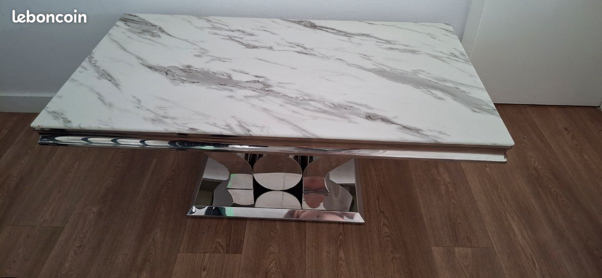 Table basse en acier avec un plateau en verre marbré blanc veine (image 2)