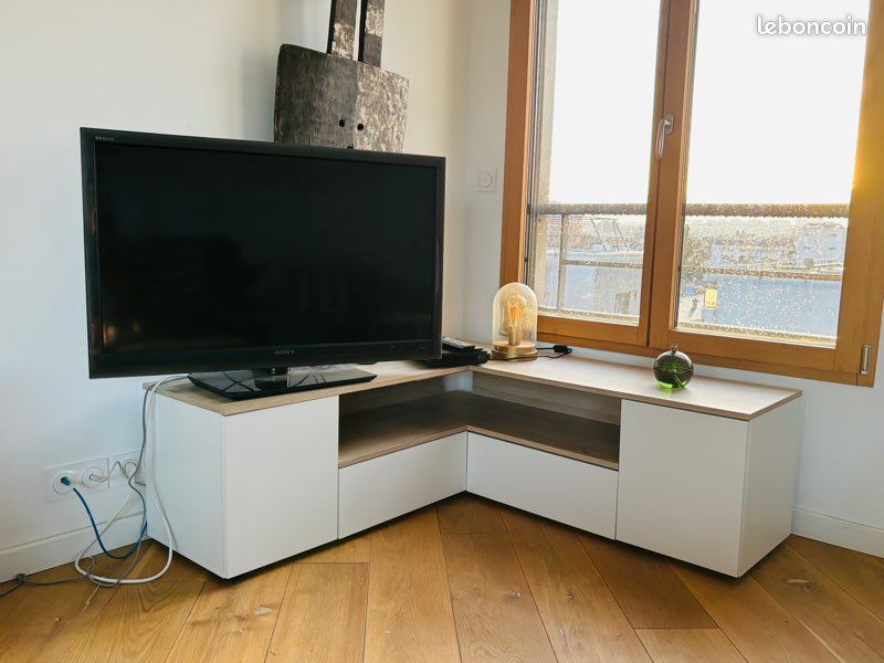 Meuble rangement d’angle blanc et bois (image 1)