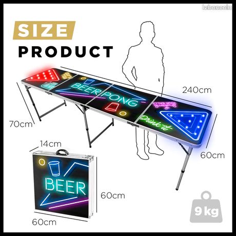NAIZY Table Beer Pong Avec 100 Gobelets (50 Rouges/50 Bleus) Et 5 Balles – Réglable En Hauteur, Alu/MDF, Pliable – 242 X 62 Cm, Noir