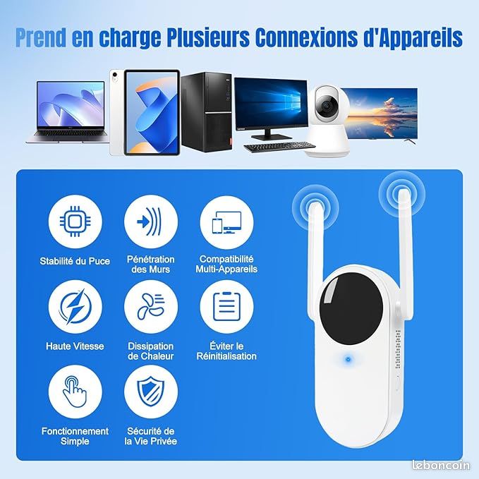 Amplificateur WiFi, 300 Mbps Répéteur Amplificateur De Signal Du Réseau, WiFi Extender Avec 1 Port Ethernet, Protection WPS, 2.4 GHz Antennes Intégrées, Compatible Avec Toutes Les Box Internet