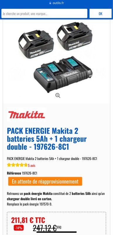 PACK ENERGIE Makita 2 batteries 5Ah + 1 chargeur double - 197626-8C1 
