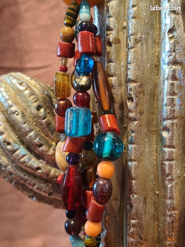 Collier Berbère Ethnique En Verre Et Résine - Bijou Vintage, Occasion Très Bon État