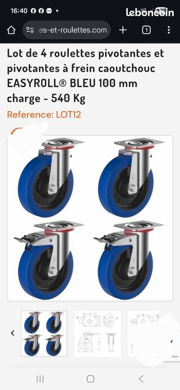 Lot De 4 Roulettes Pivotantes Caoutchouc EASYROLL Bleu 100 Mm - Charge 540 Kg