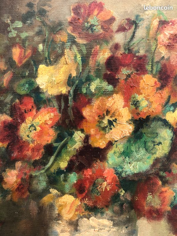Tableau bouquet de fleurs nature morte peinture à l'huile signé "Lelesieur" (image 5)