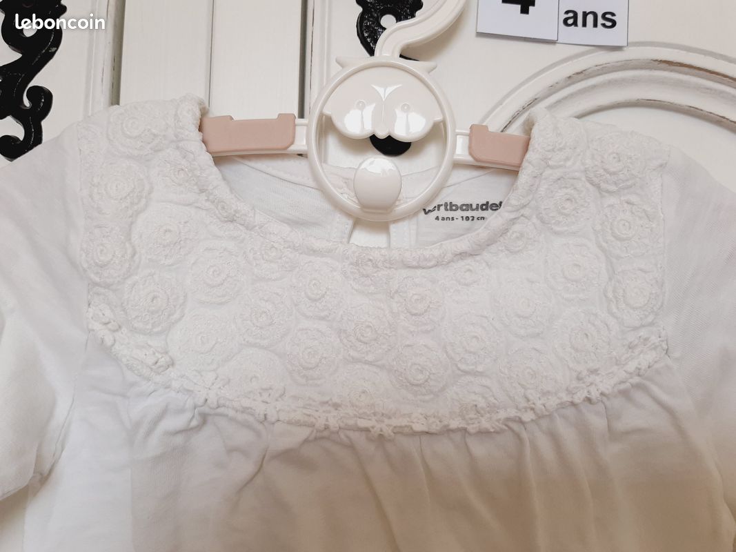 T-shirt Broderie Longues Manches Blanc Fille 4 ans Vertbaudet (image 2)