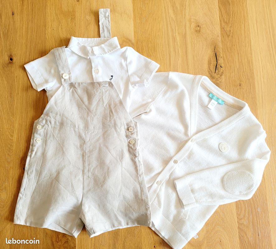 Tenue cérémonie Jacadi 24 mois 2 ans salopette lin gris souris body gilet blanc comme neuf (image 8)