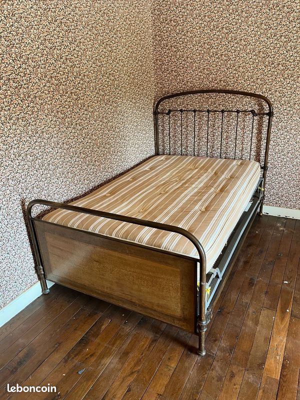 Lit ancien en fer 120 cm + sommier + matelas Épéda laine – très bon état (image 1)