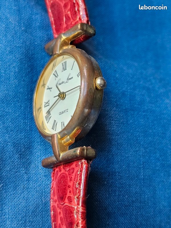 Réveil De Voyage Charles Leman – Or, étui Peau De Crocodile, Quartz Vintage (fonctionne)