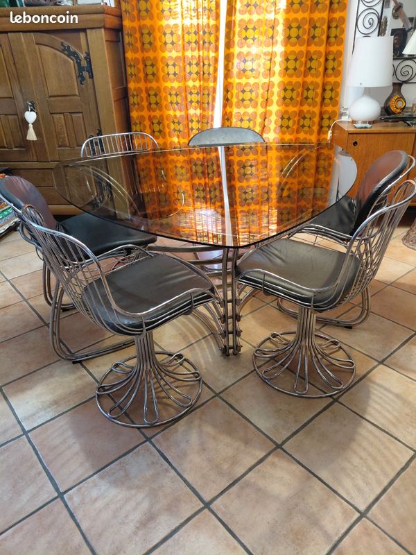 Table basse, années 70 verre fumé et chrome Vintage Transparent