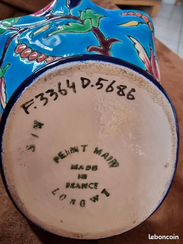 Ancien panier en céramique en EMAUX DE LONGWY Numéroté peint main.Aucune rayure mais l’anse est recollée. Voir photos.L15cm,l 10cm et profondeur avec anses 13 cm (image 3)