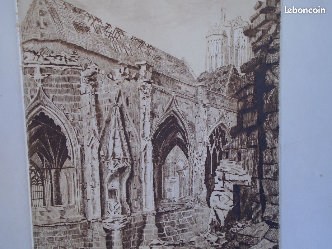 ST LÔ CHAIRE EXTERIEURE EGLISE NOTRE DAME 1944 gravure de Mme MULOT (image 2)