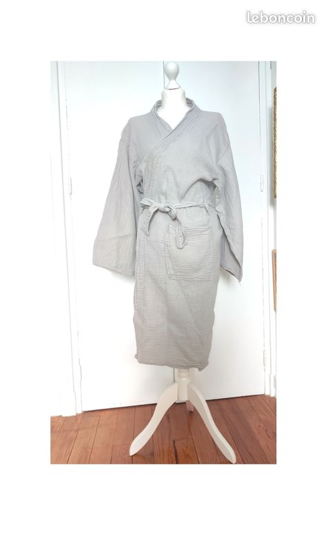 💛 Peignoir coupe kimono mixte en gaze de coton - gris taupe - taille L/XL 💛 (image 1)
