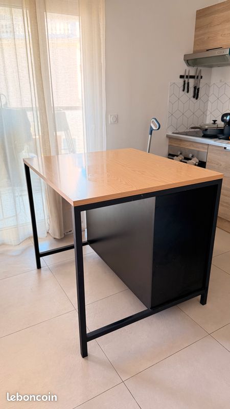 Îlot central de cuisine noir et effet chêne – 100 × 90 × 90 cm (image 1)