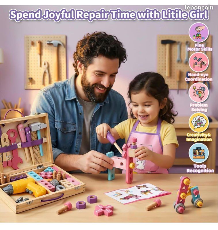 OOOK Boîte à Outils Montessori 44 Pièces – Avec Perceuse, Tablier, Plans De Construction – Cadeau Fille Garçon 3-5 Ans
