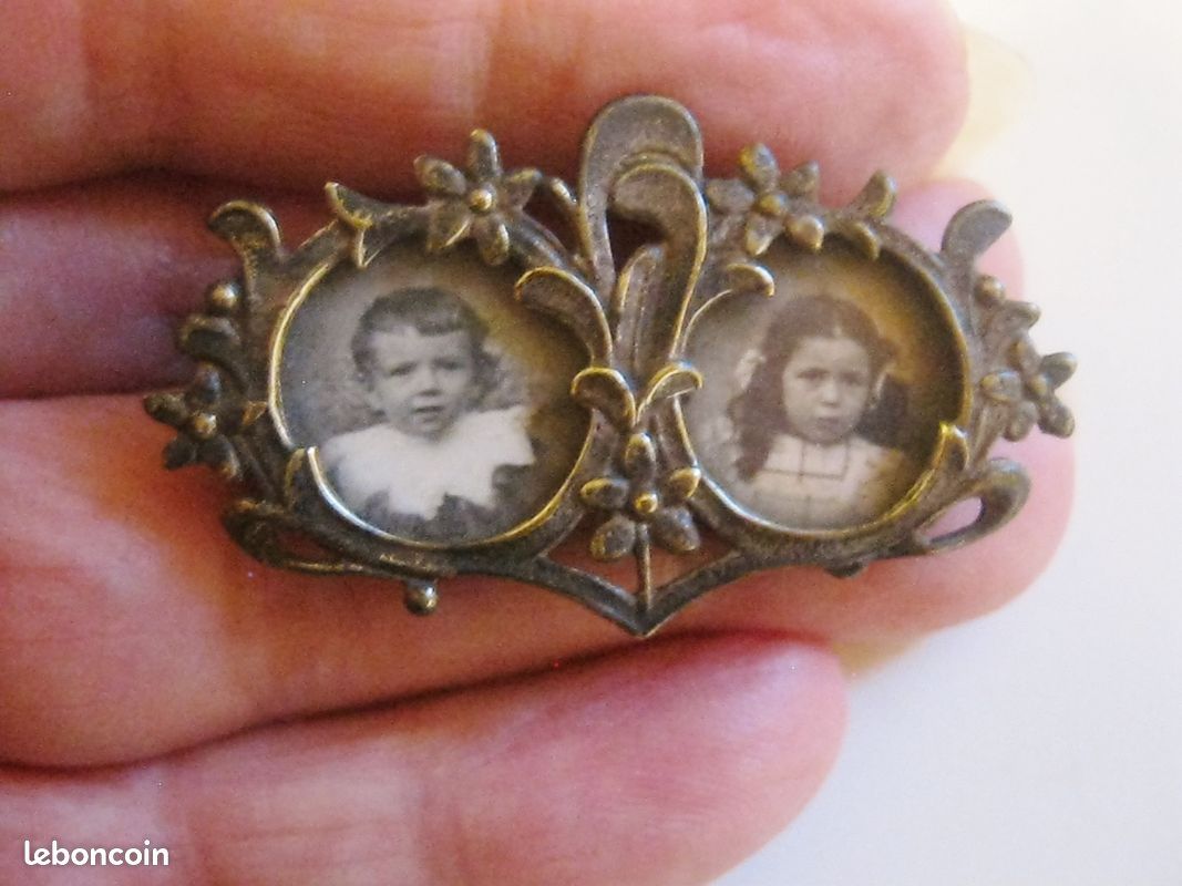 Broche Ancienne En Argent Art Nouveau 1900 - Porte-photo Double, Diamètre 3 Cm - Bon état