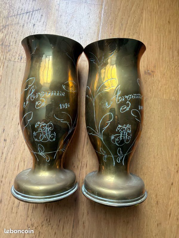Paire De Vases Obus 14-18 – Artisanat De Tranchées Authentique