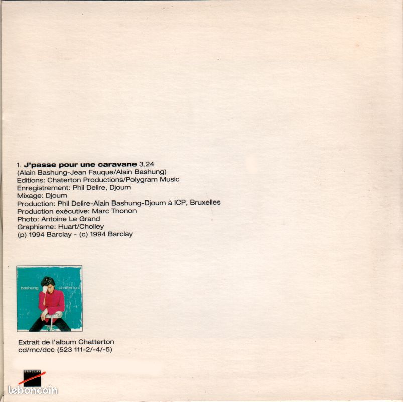 Alain Bashung - J'passe pour une Caravane - CD Single monotitre (image 2)