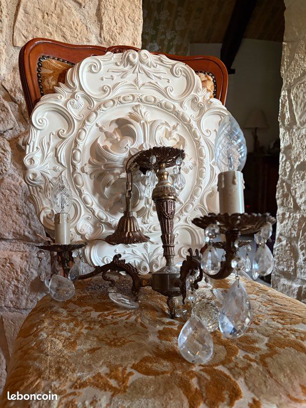 Petit Lustre Ancien à Pampilles 3 Feux - Vintage, Manque Quelques Pendeloques