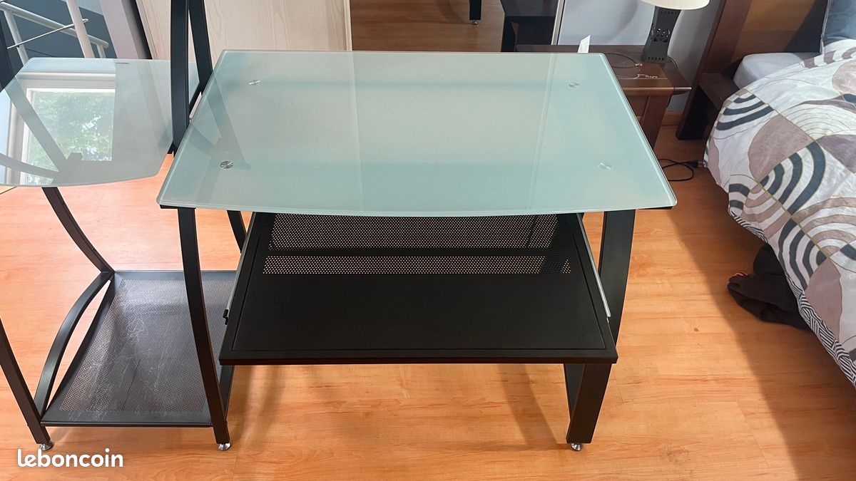 Bureau en verre et acier avec son étagère (image 2)