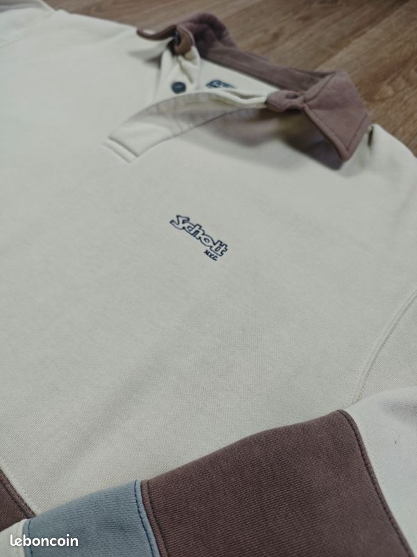 Sweat / Polo rugby à manches longues Vintage Schott NYC – Écru, marron et bleu – Taille L (image 2)