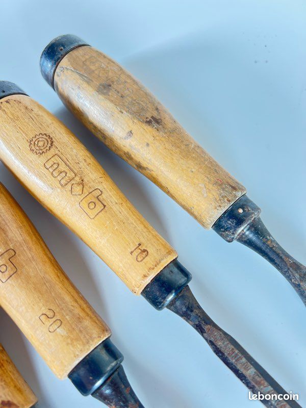 Lot 4 ciseaux à bois MOB, tailles 10 15 20 mm, outillage menuisier ébéniste, acier chrome français (image 4)
