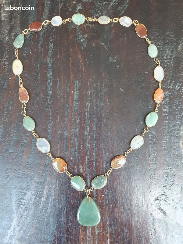 Grand Collier Vintage En Pierre Naturelle – Bijou Ancien Unique, Bon état Général