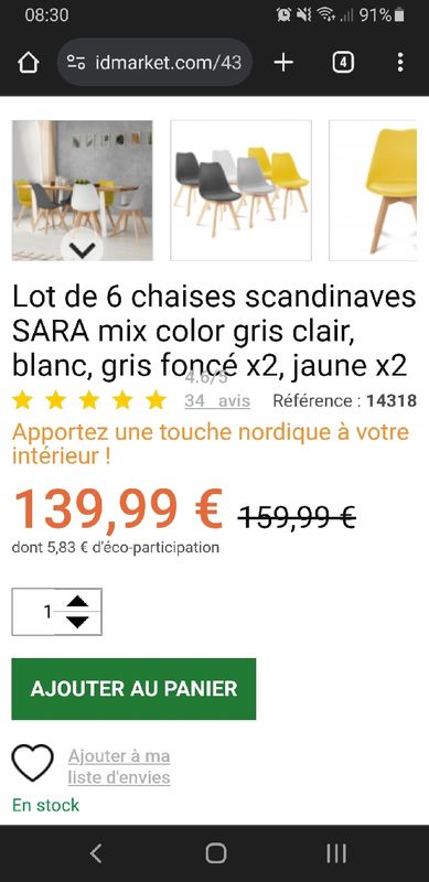 IDMarket - Lot de 6 chaises scandinaves SARA Blanc x2, Gris Clair